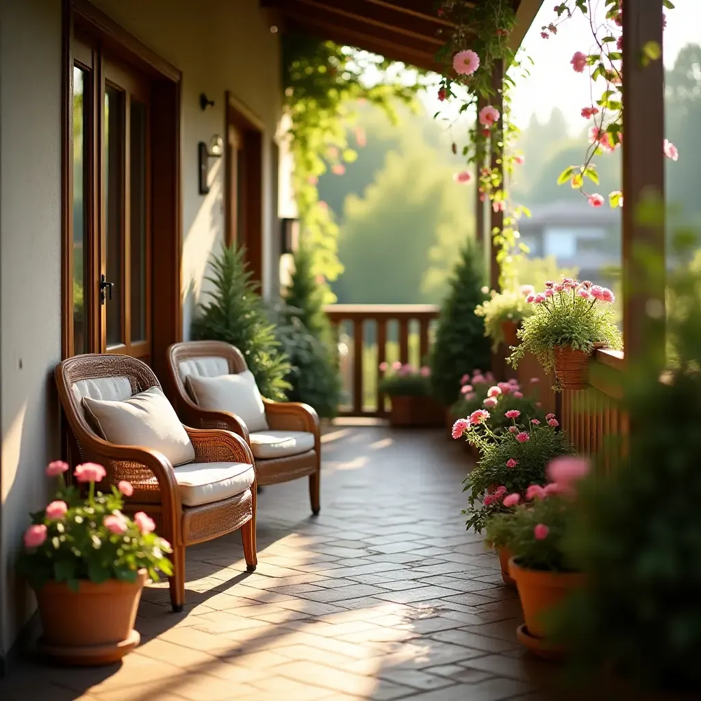 a photo of a sunlit balcony with cozy furniture and potted flowers