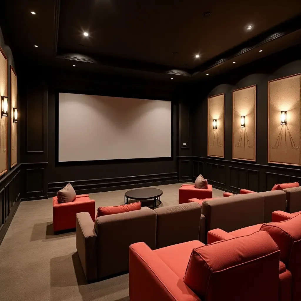 a photo of a stylish basement home theater with comfortable seating and a large screen