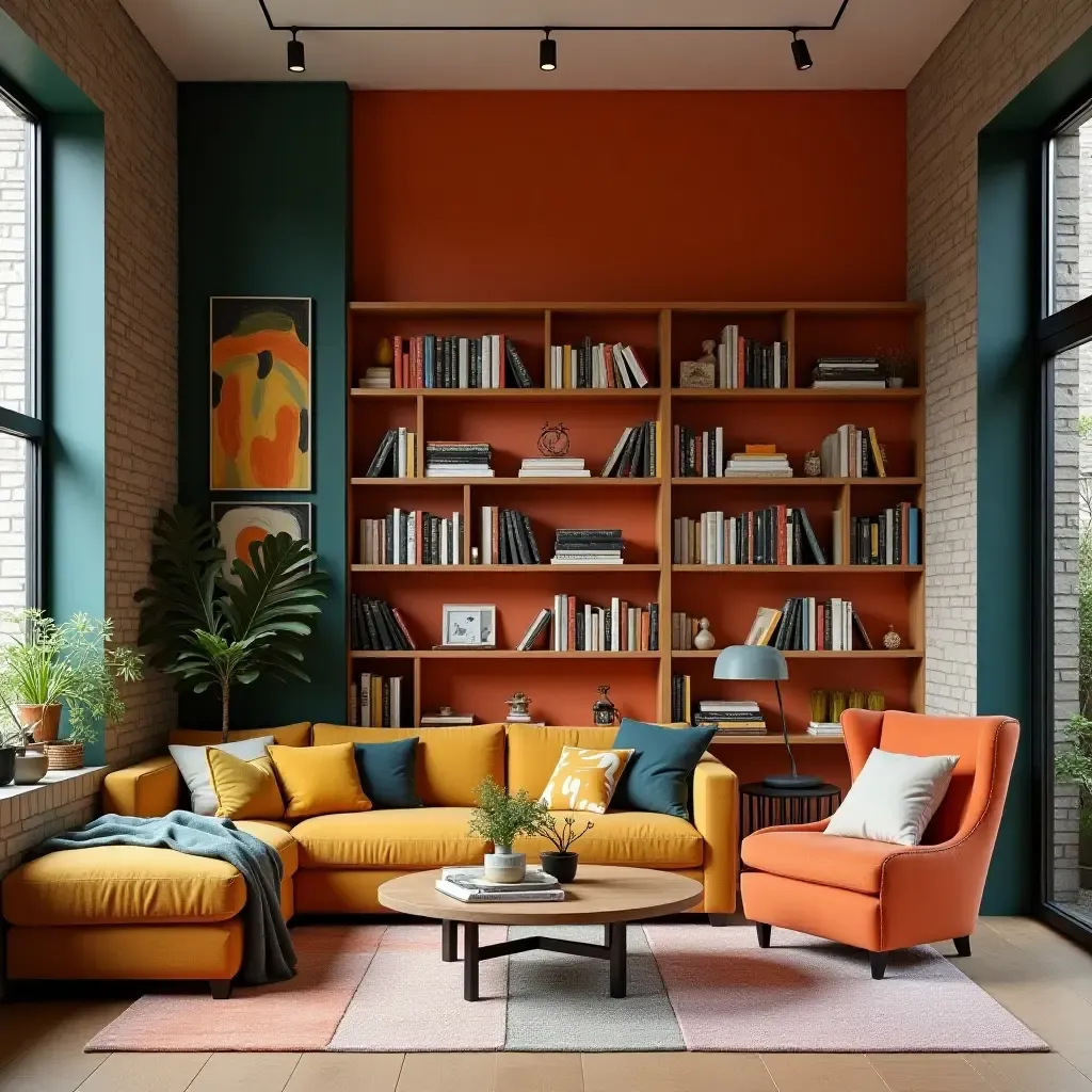 a photo of a library with a colorful accent wall and organized bookshelves