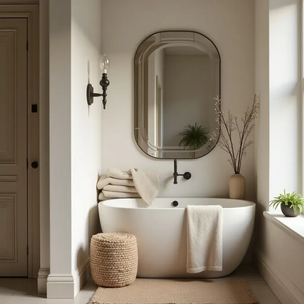 a photo of a bathroom with a vintage mirror and cozy textiles