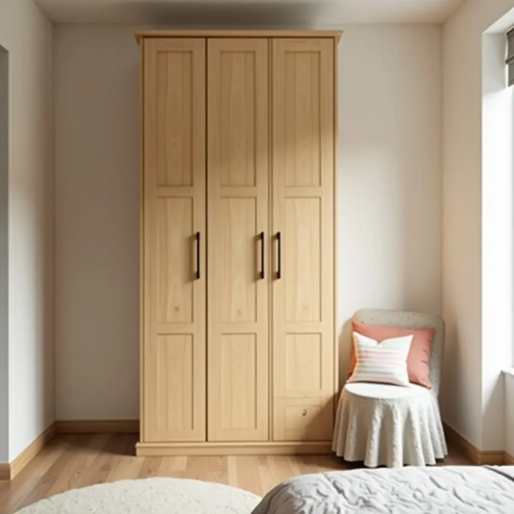 a photo of a wooden wardrobe with stylish handles in a teen&#x27;s bedroom