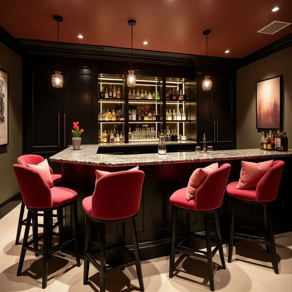 a photo of an elegant basement bar area with velvet throw pillows on high stools