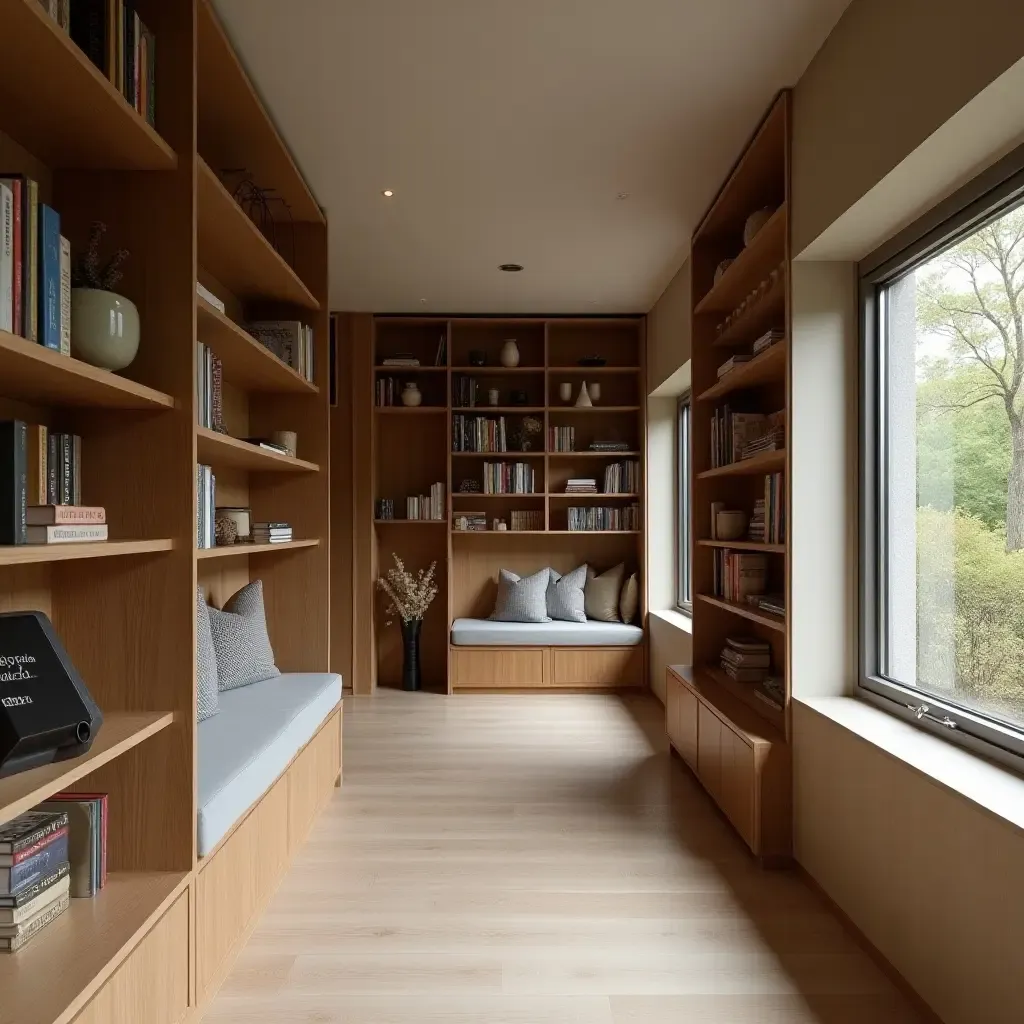 a photo of a corridor shelving with a cozy reading nook