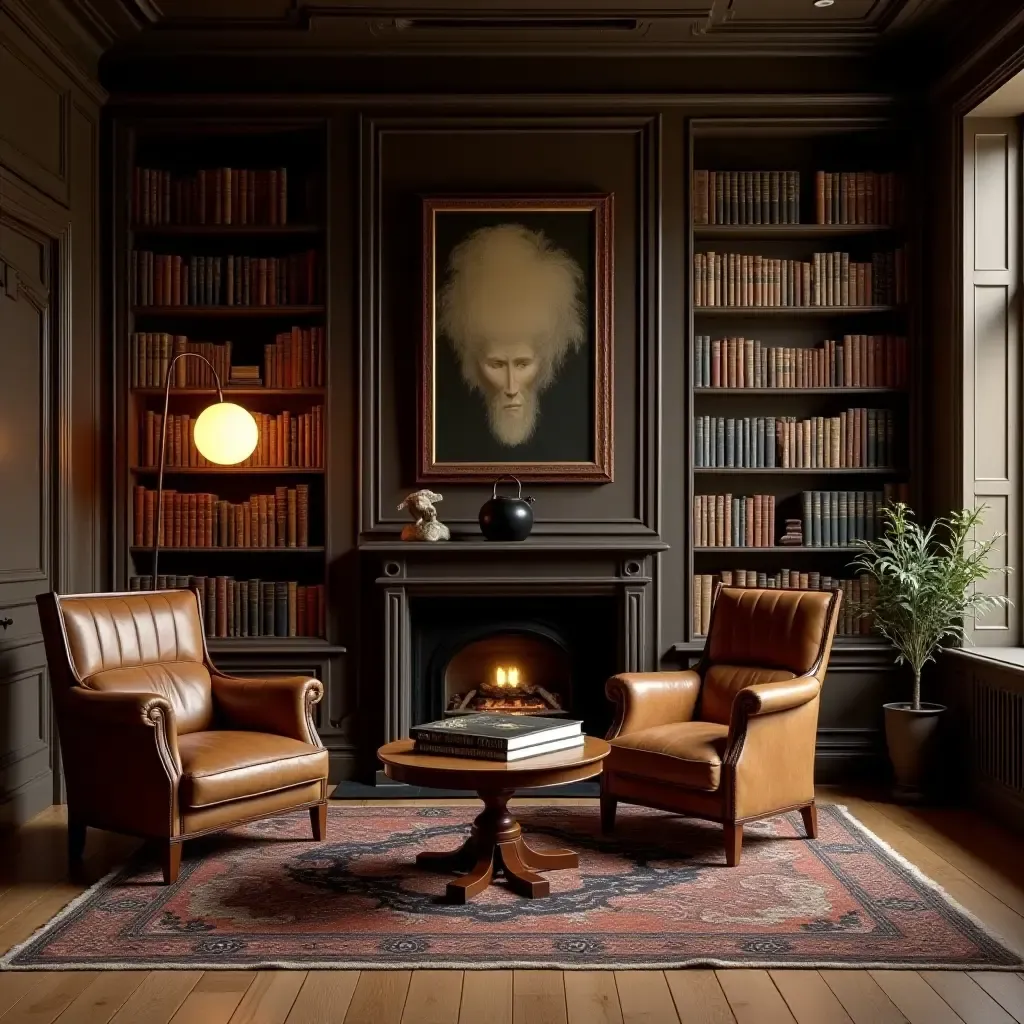 a photo of a classic library with leather-bound books and antique decor