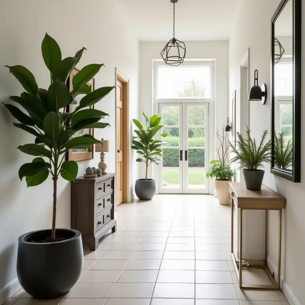 a photo of a bright entry hall featuring large leafy plants in decorative pots