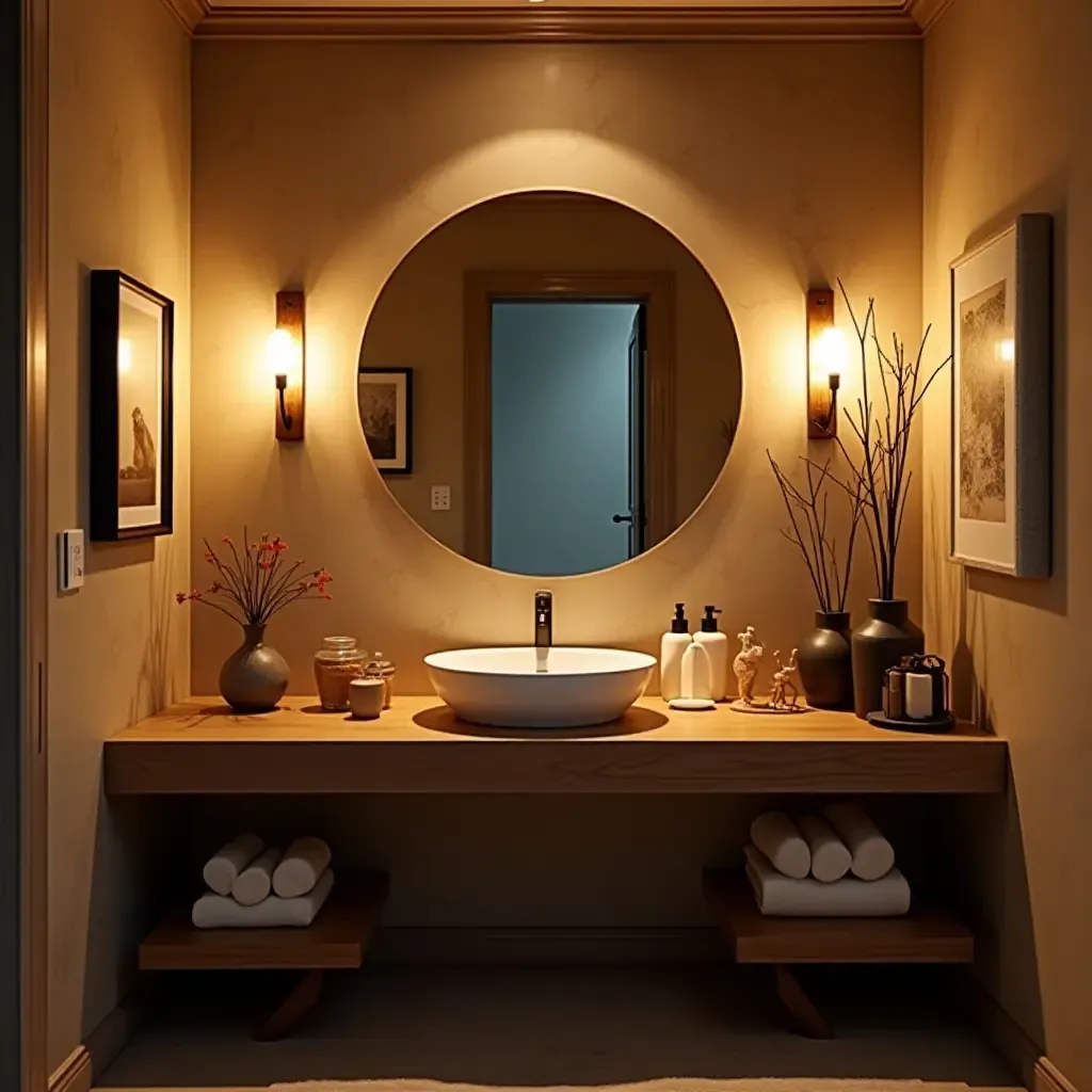 a photo of a cozy, inviting bathroom vanity with layered lighting and decor