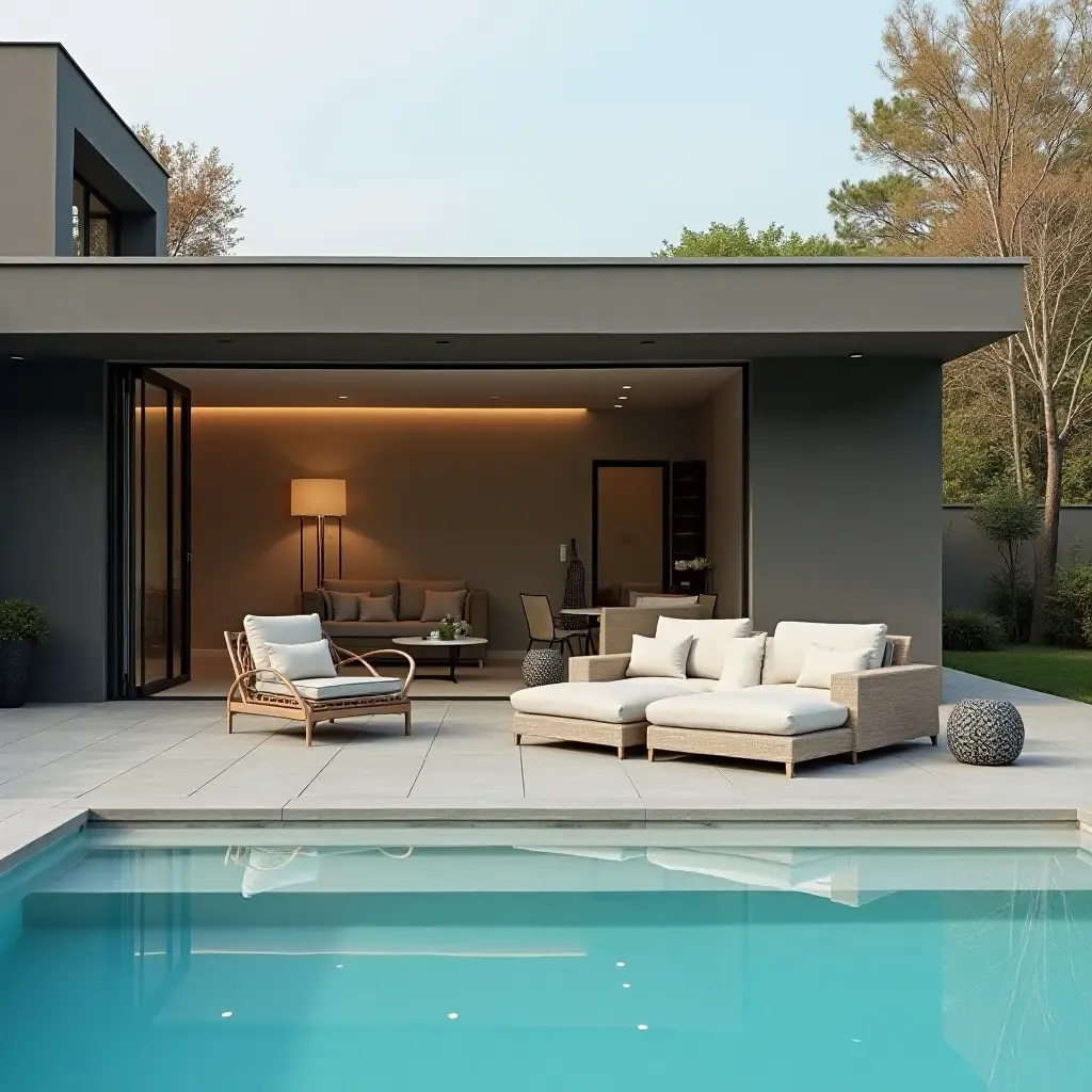 a photo of a contemporary pool area with elegant storage furniture