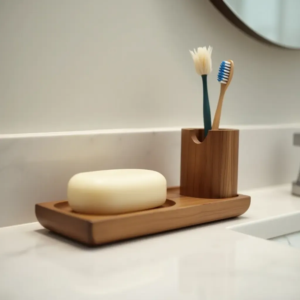 a photo of a wooden soap dish and toothbrush holder on a bathroom counter