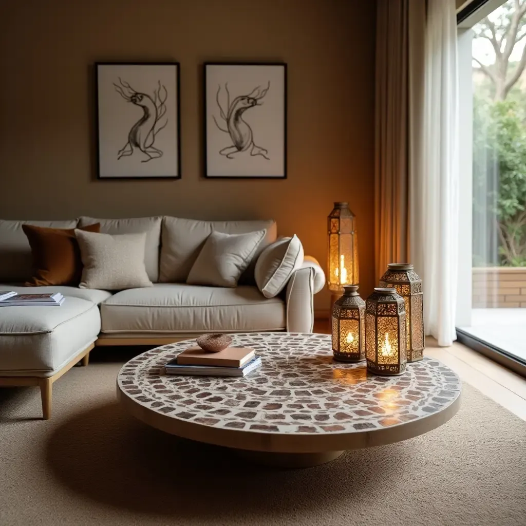 a photo of a living room featuring a mosaic coffee table and lanterns