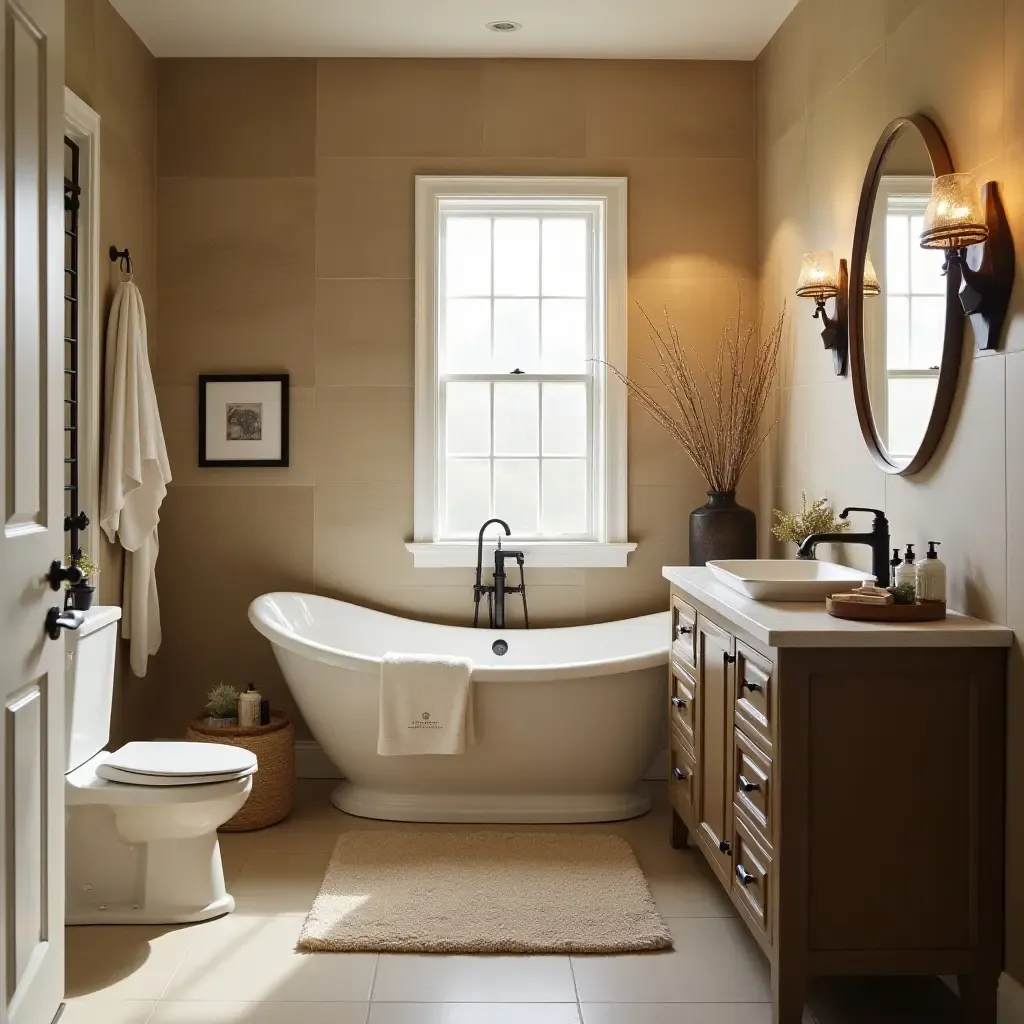 a photo of a warm bathroom with earth-toned tiles and farmhouse accents