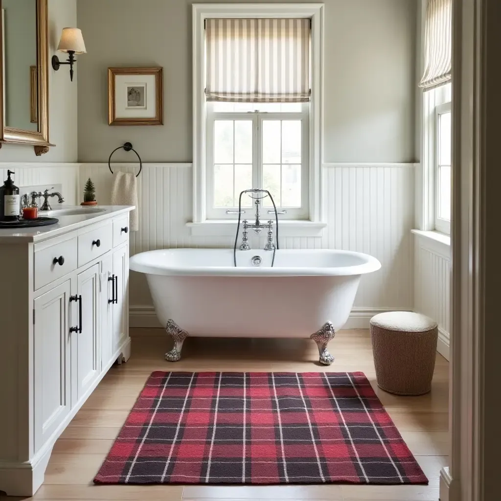 a photo of a classic tartan rug in a traditional bathroom