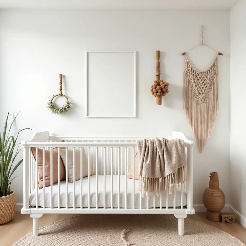 a photo of a bohemian-inspired nursery with macrame and natural elements