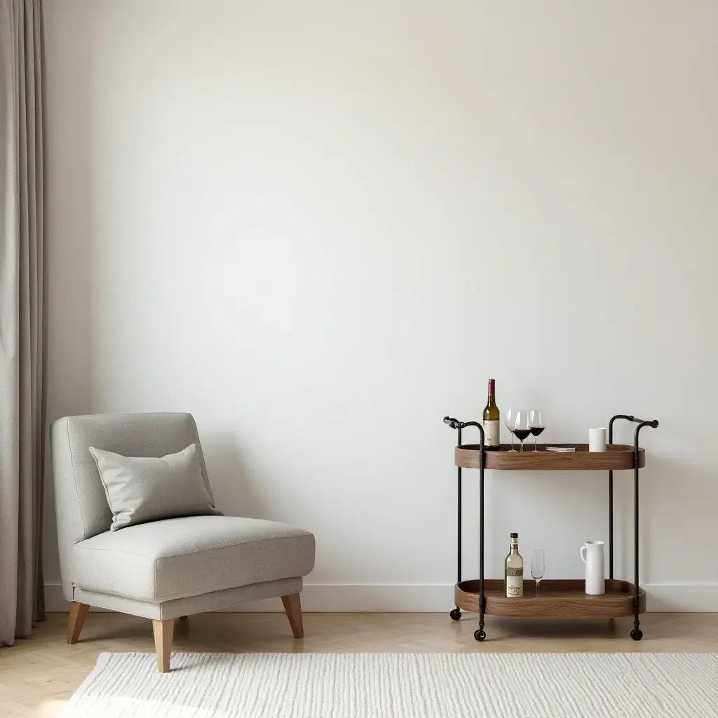 a photo of a modern living room with a vintage bar cart and minimalist decor