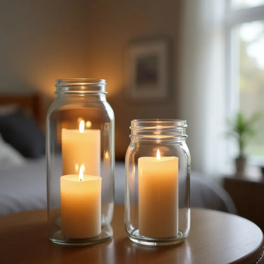 a photo of a bedroom with DIY candle holders made from glass jars