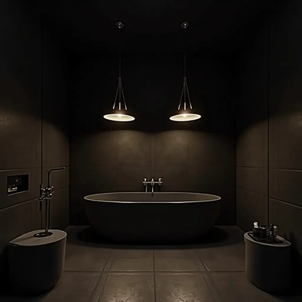 a photo of a dark-themed bathroom illuminated by dramatic pendant lighting