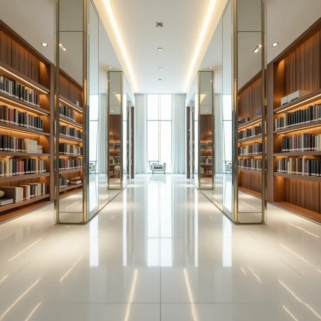 a photo of a bright library with mirrors creating an illusion of space