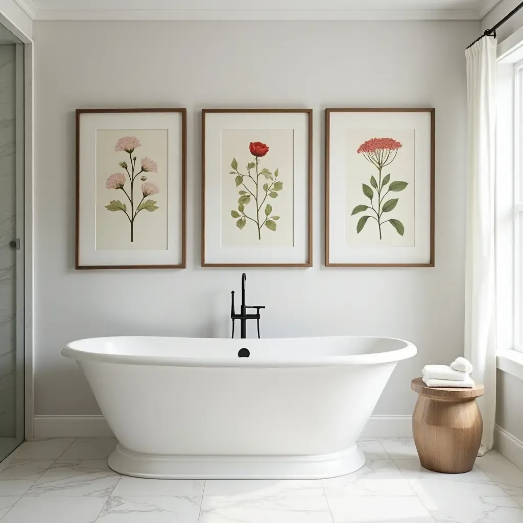 a photo of vintage botanical prints framed in a modern bathroom