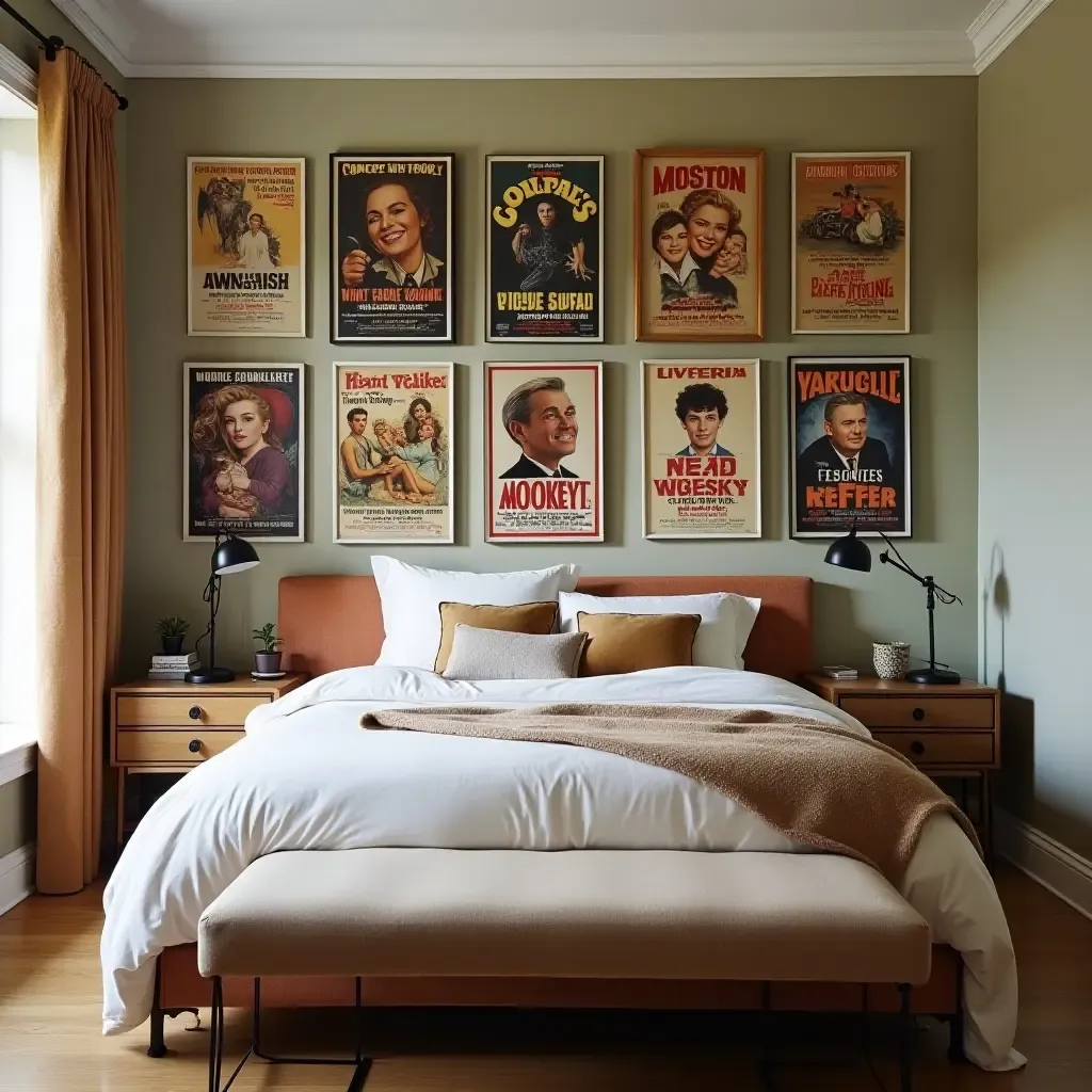 a photo of a vintage-inspired bedroom with a gallery wall of retro movie posters