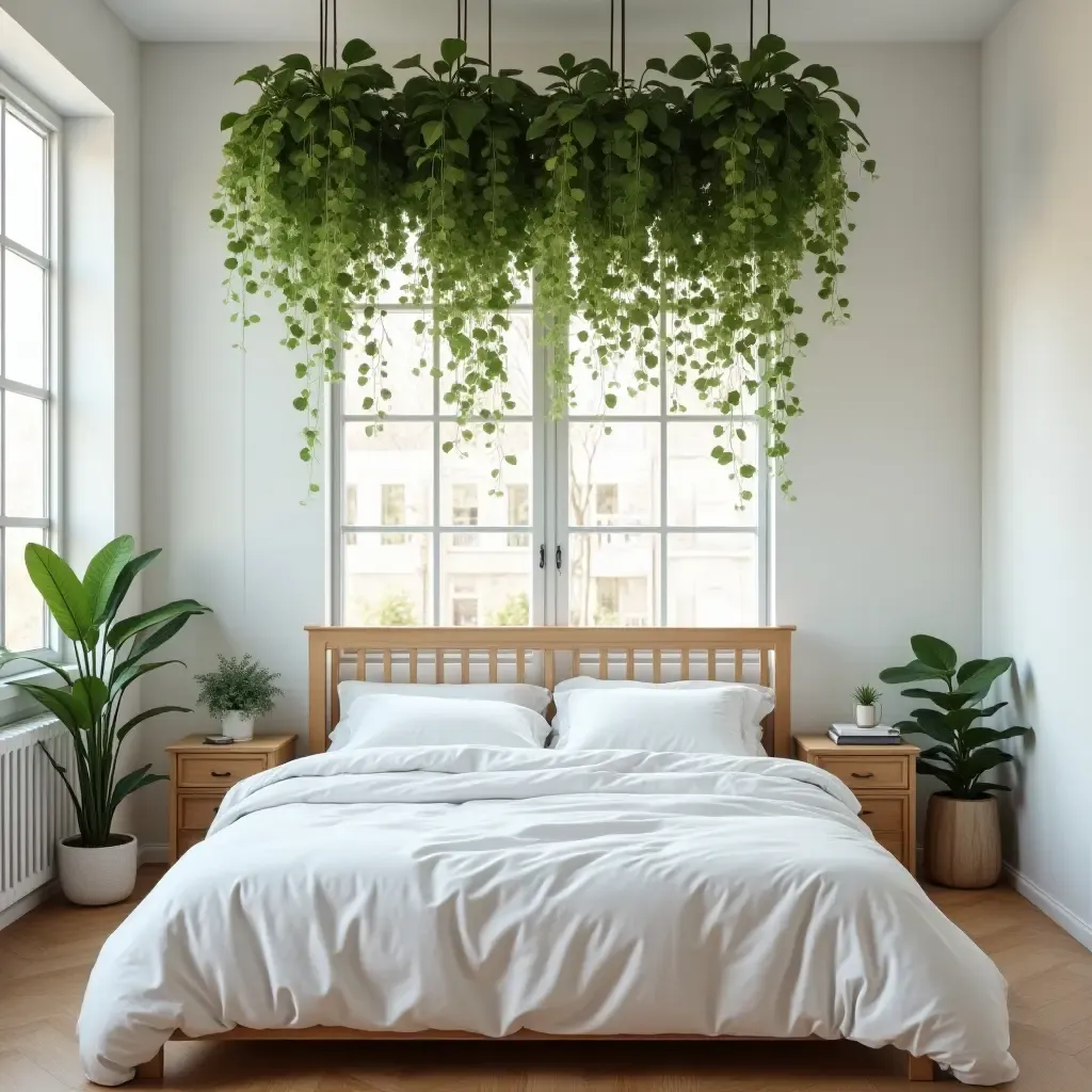 a photo of a bedroom with hanging plants above the bed