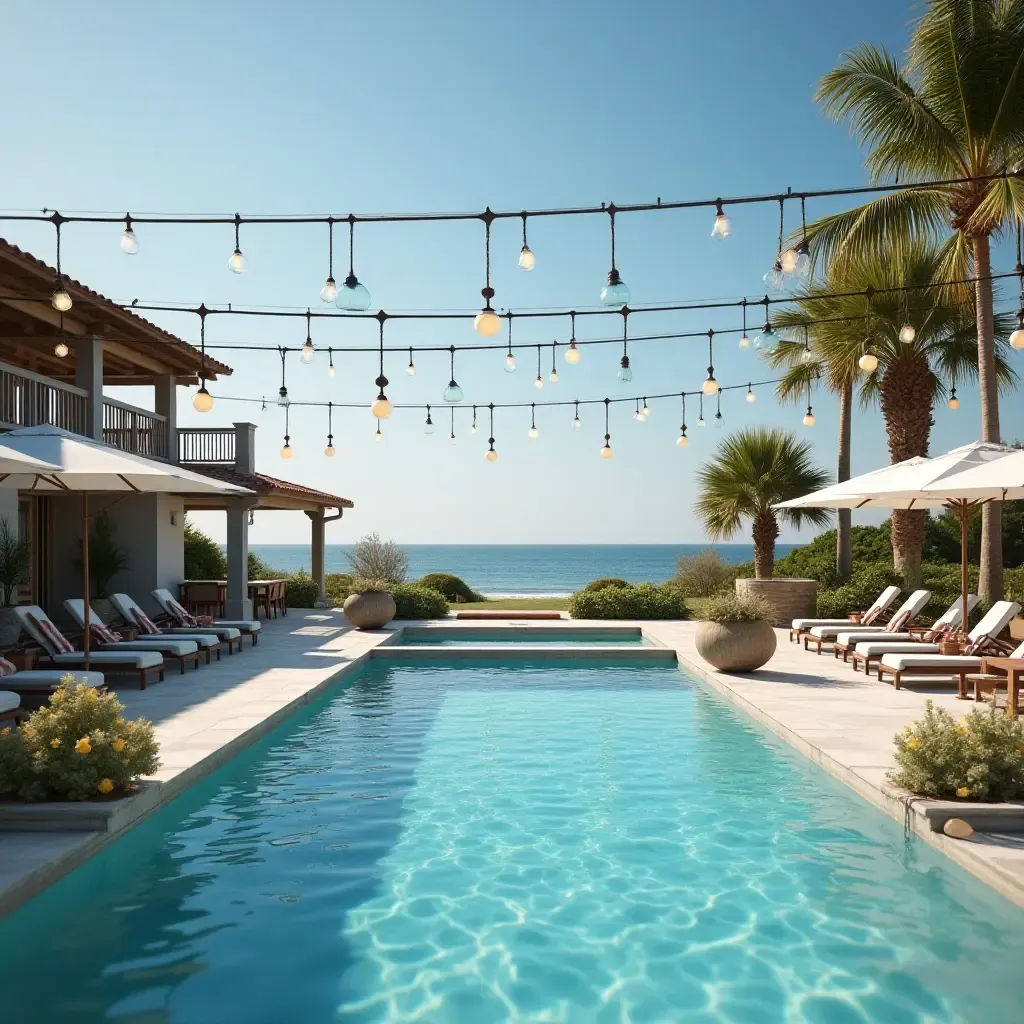 a photo of a beach-themed pool area with nautical pendant lights