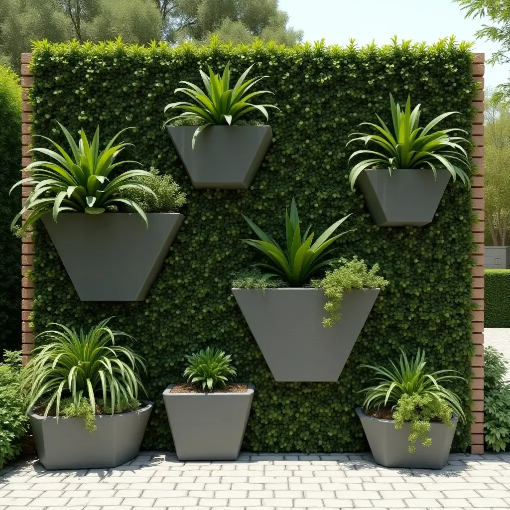 a photo of a modern garden wall with geometric planters and greenery