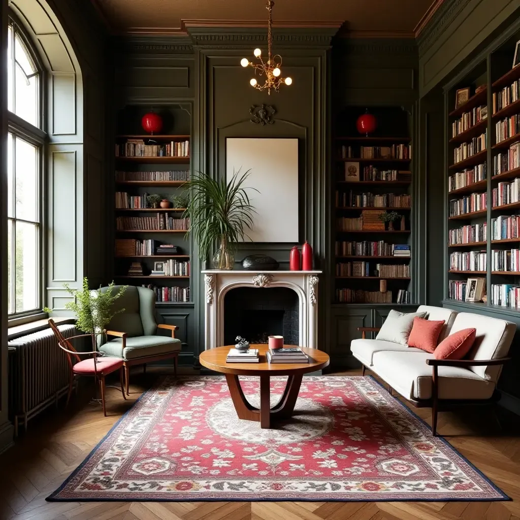 a photo of a bright library with vintage rugs and modern seating arrangements