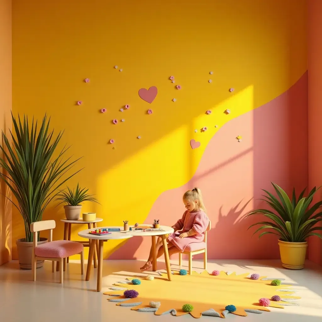 a photo of a bright yellow and pink art studio for kids