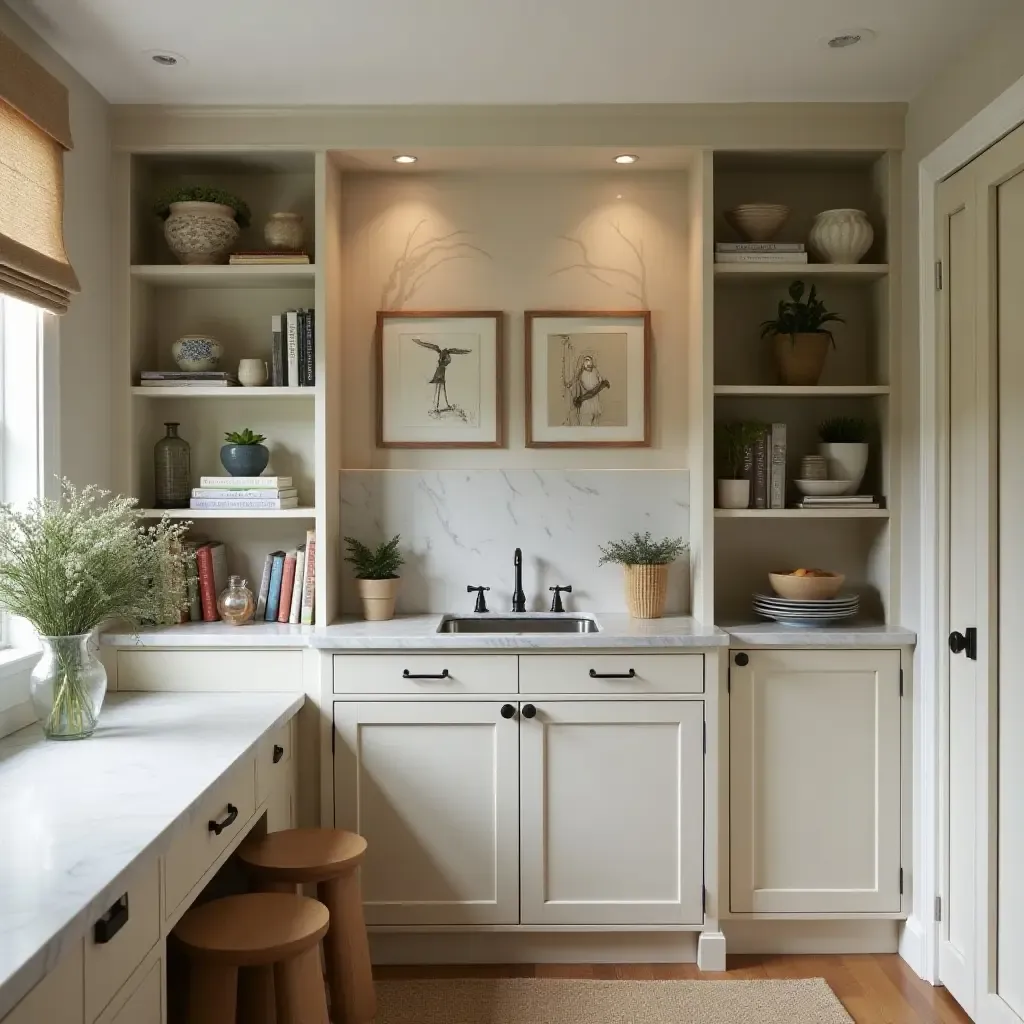 a photo of a butler&#x27;s pantry with a cozy reading nook and storage