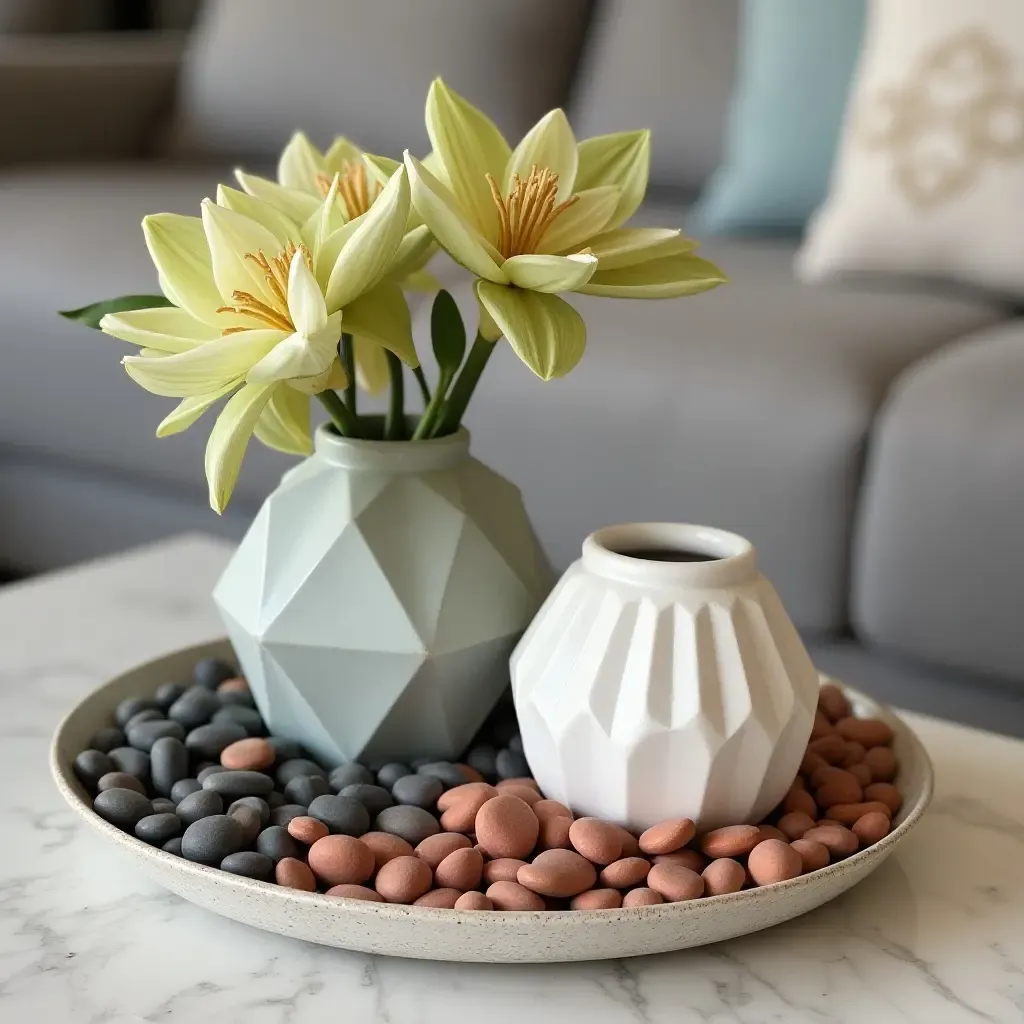 a photo of a modern coffee table arrangement with geometric vases and colorful pebbles