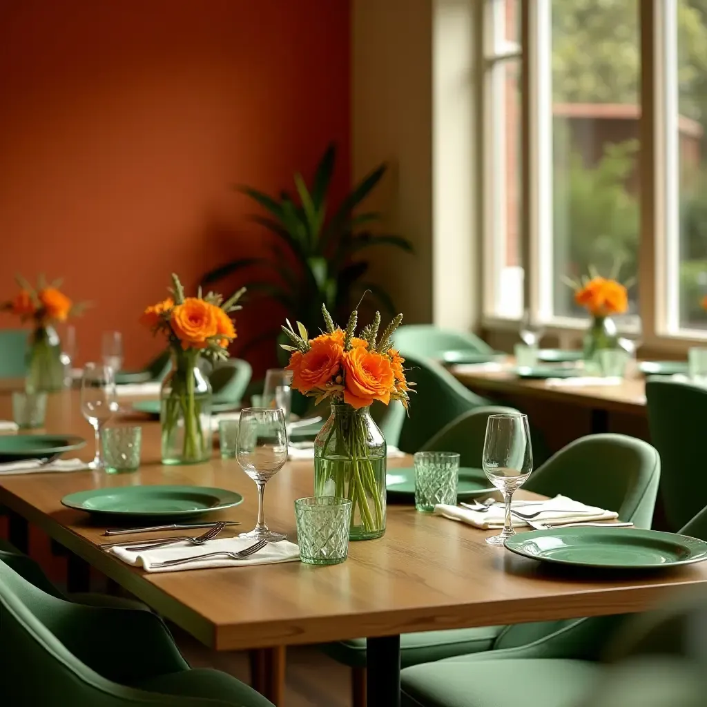 a photo of a dining area with green tableware and orange centerpieces for a lively atmosphere