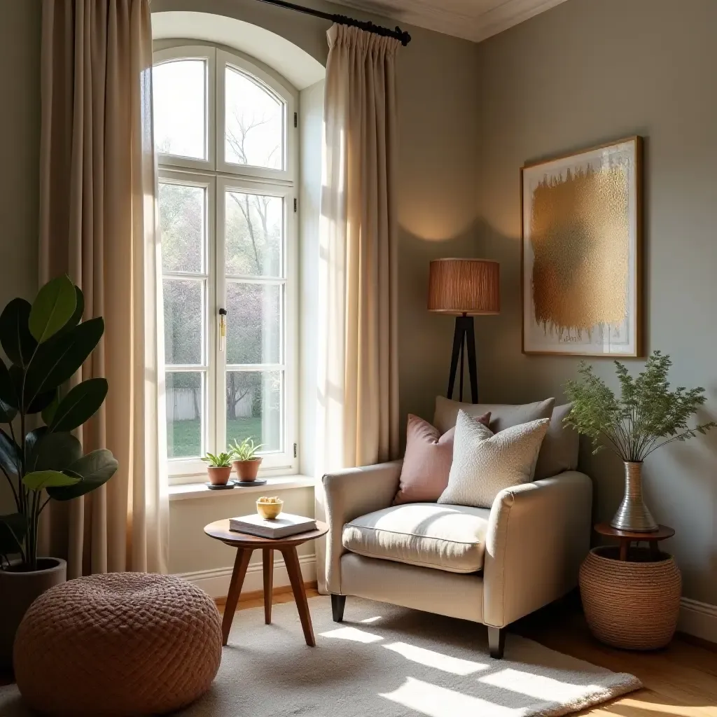 a photo of a cozy reading nook with metallic accents in decor