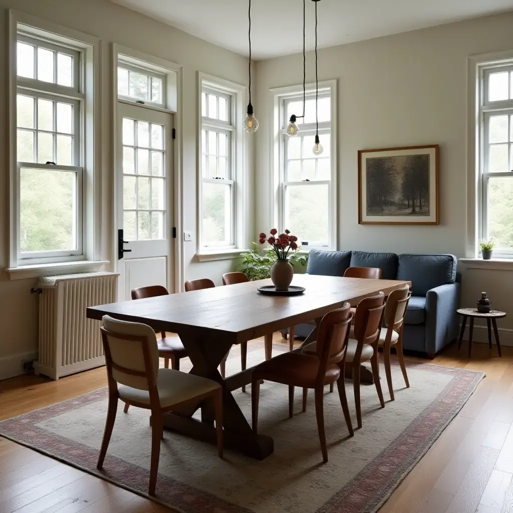 a photo of a living room with a large farmhouse dining table and mismatched chairs