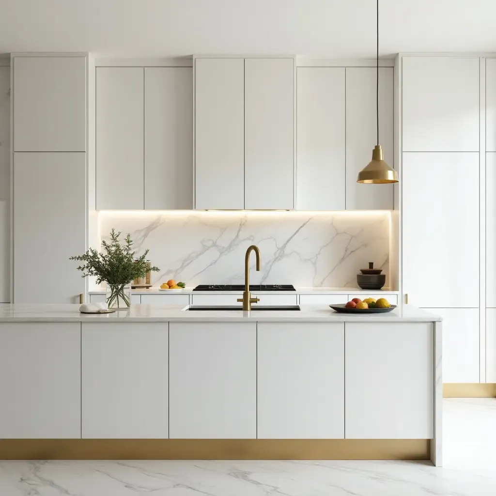 a photo of a minimalist kitchen with white marble island and gold accents