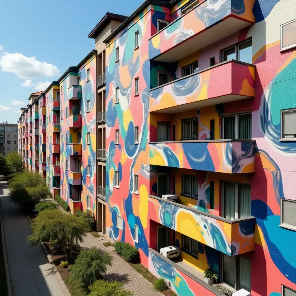 a photo of colorful abstract murals on a balcony wall