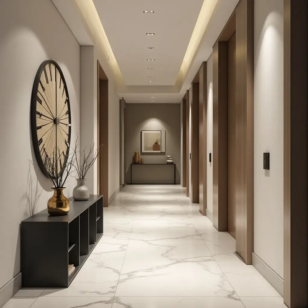 a photo of a chic corridor with stylish accent tables