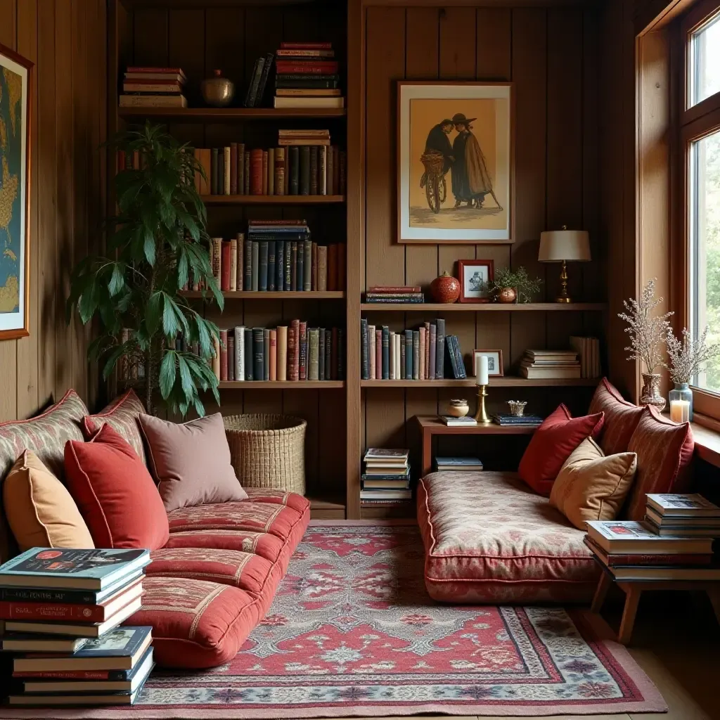 a photo of a bohemian reading nook with floor cushions and books