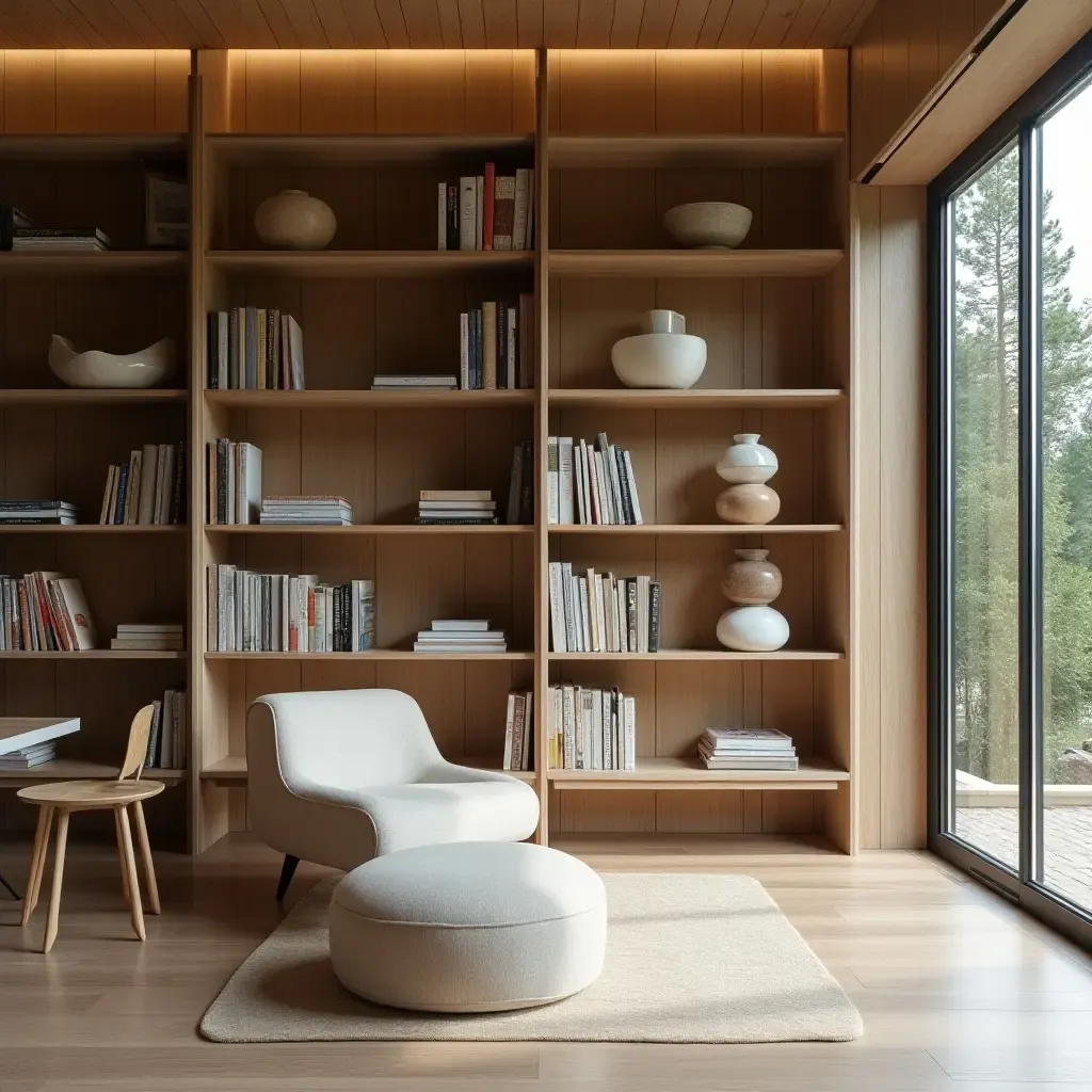 a photo of a Scandinavian-style library with a focus on natural materials