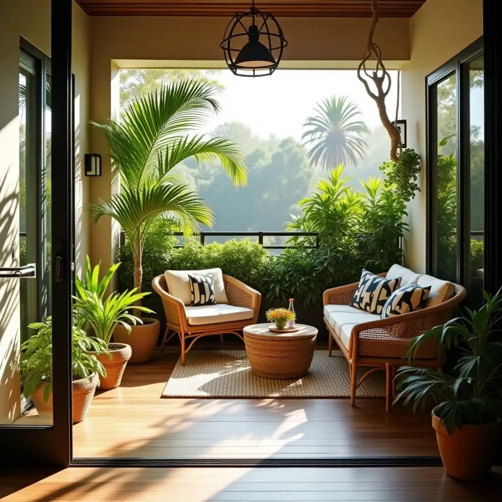 a photo of a tropical-themed balcony with palm plants and wicker furniture