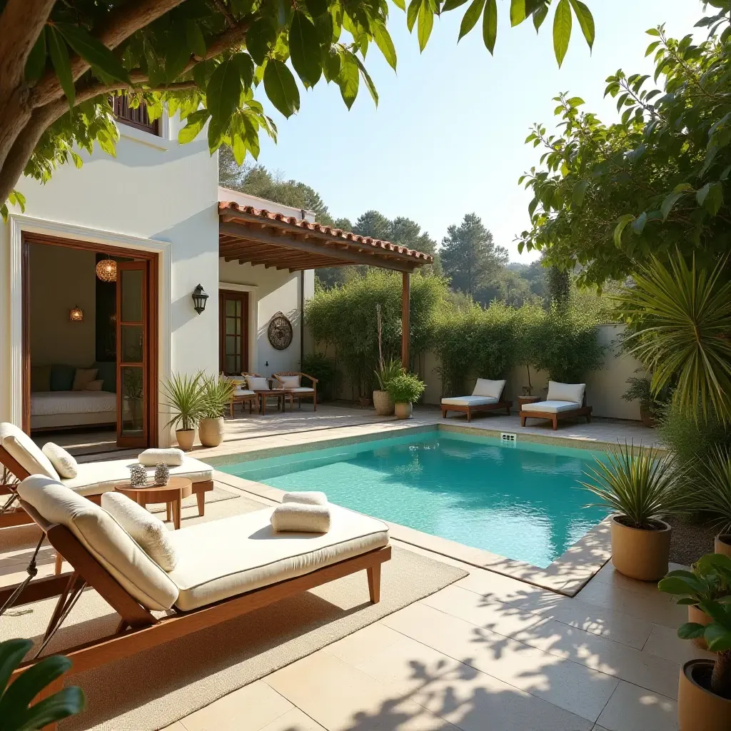 a photo of a sun-soaked terrace with a pool and Mediterranean-style furniture