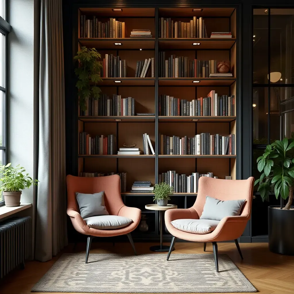 a photo of a cozy reading space with industrial-style chairs and bookshelves