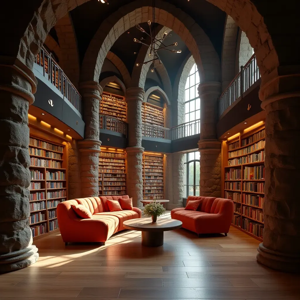 a photo of a library with themed reading rooms and immersive environments