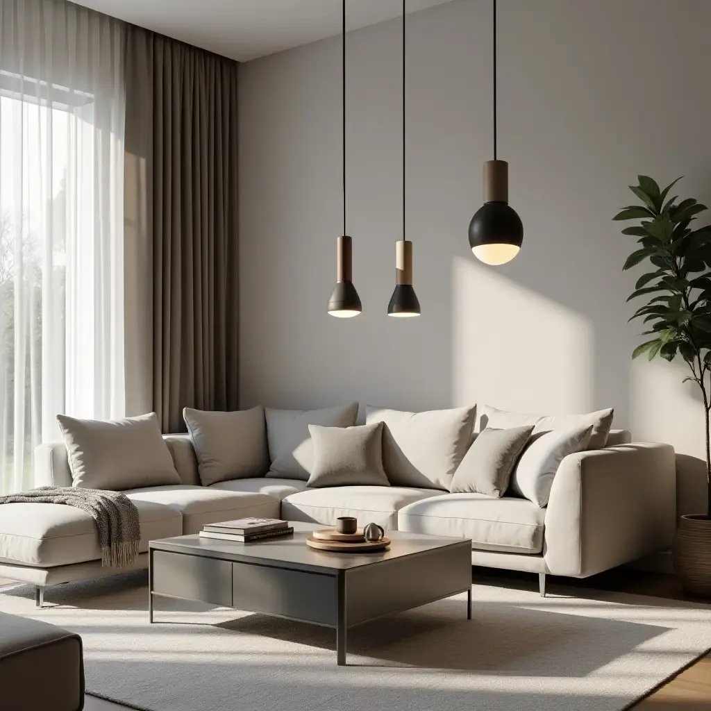 a photo of a modern living room featuring sleek pendant lights over a minimalist coffee table