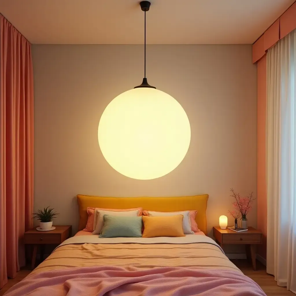 a photo of a bright, oversized pendant light in a playful, colorful bedroom