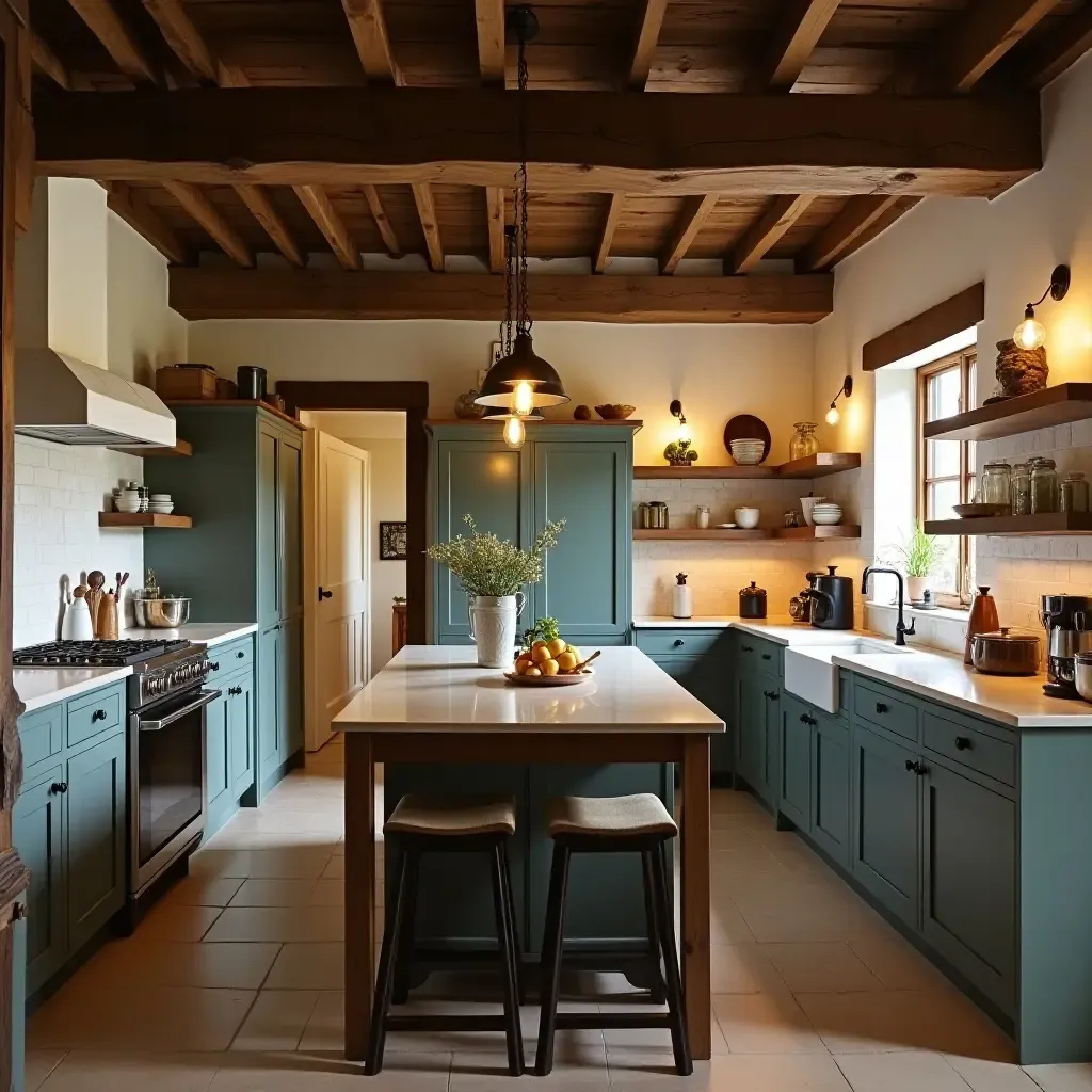 a photo of a rustic kitchen with exposed beams and vintage light fixtures