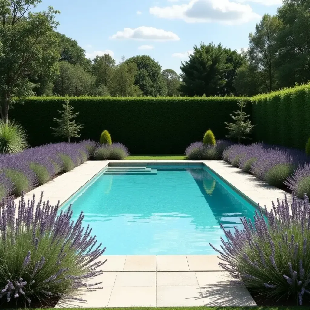 a photo of a serene pool surrounded by lavender and rosemary plants