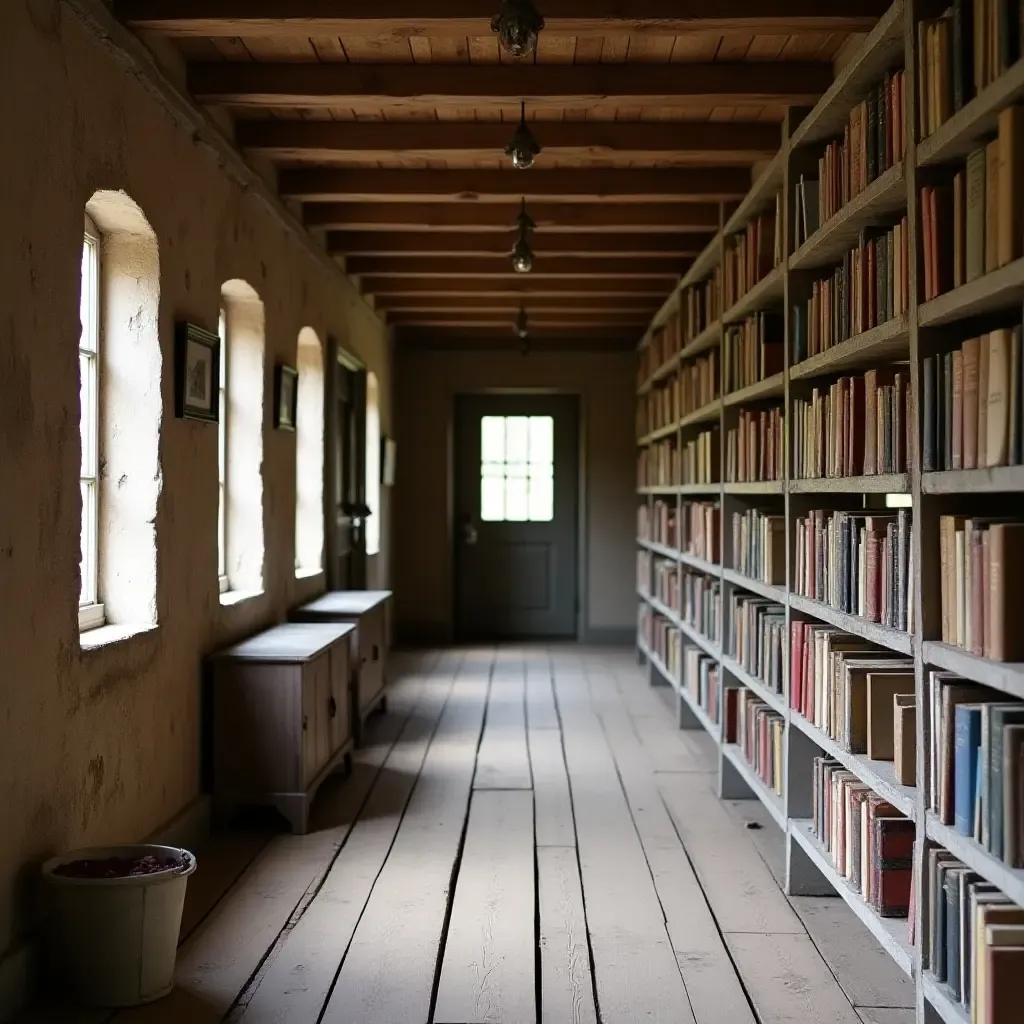 a photo of a farmhouse corridor featuring a collection of vintage books