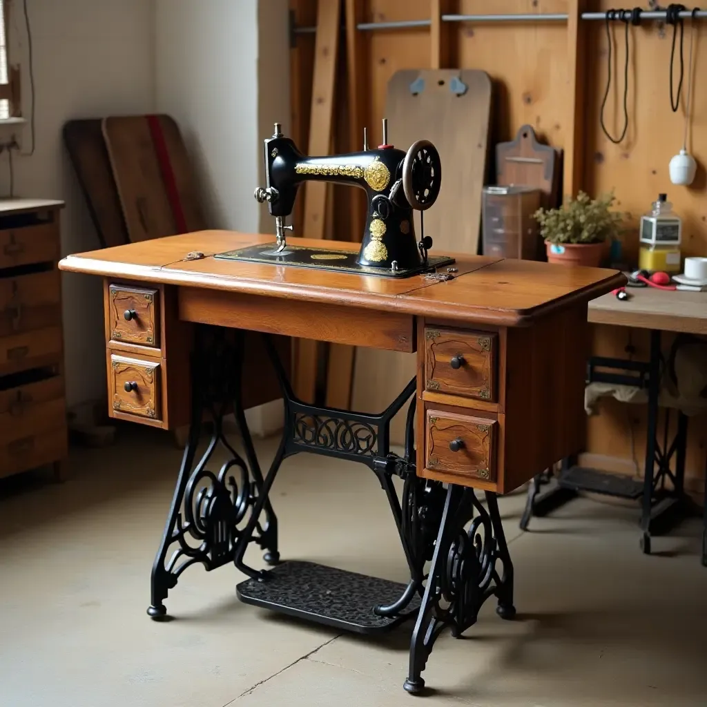 a photo of a vintage sewing machine repurposed as a table in a basement