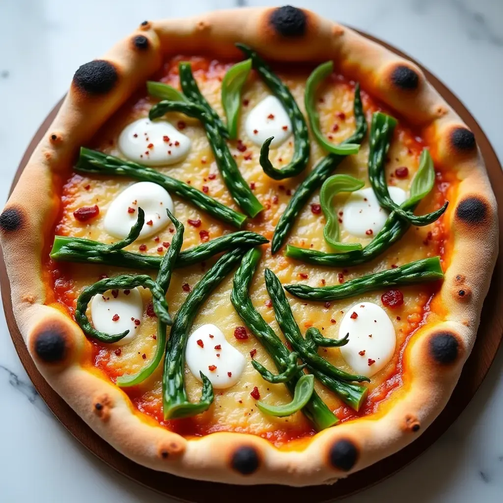 a photo of a pizza featuring shaved asparagus, burrata, and a sprinkle of chili flakes