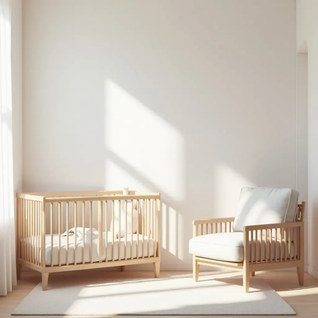 a photo of a minimalist nursery with soft pastel colors and natural light