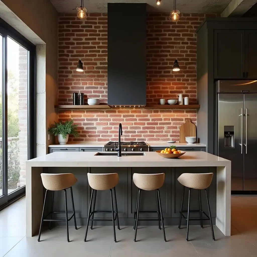 a photo of a reclaimed brick backsplash giving character to an urban loft kitchen